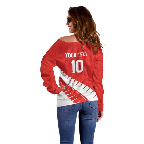 Custom New Zealand Cricket Off Shoulder Sweater Kiwi Birds Haka Dance Red Fern Sporty Style
