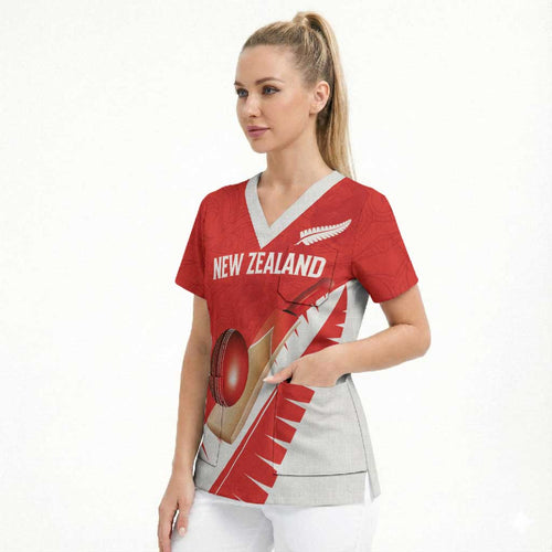 Custom New Zealand Cricket Scrub Top Kiwi Birds Haka Dance Red Fern Sporty Style