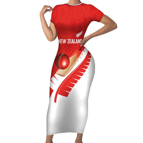 Custom New Zealand Cricket Short Sleeve Bodycon Dress Kiwi Birds Haka Dance Red Fern Sporty Style