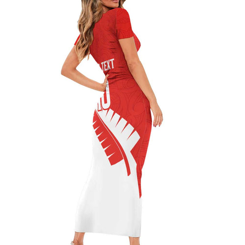Custom New Zealand Cricket Short Sleeve Bodycon Dress Kiwi Birds Haka Dance Red Fern Sporty Style
