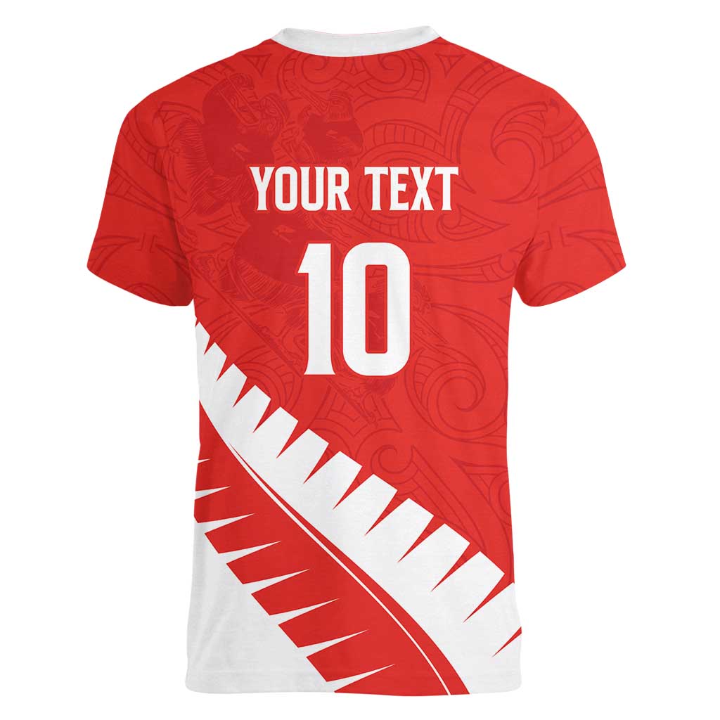Custom New Zealand Cricket Women V-Neck T-Shirt Kiwi Birds Haka Dance Red Fern Sporty Style