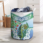 Aotearoa New Zealand Natural Plants Laundry Basket Pohutukawa with Silver Ferns Koru Frond Maori Tattoos
