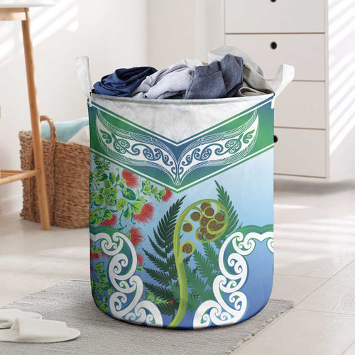 Aotearoa New Zealand Natural Plants Laundry Basket Pohutukawa with Silver Ferns Koru Frond Maori Tattoos