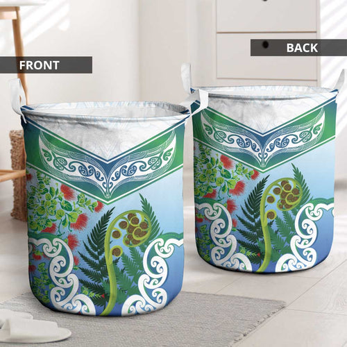Aotearoa New Zealand Natural Plants Laundry Basket Pohutukawa with Silver Ferns Koru Frond Maori Tattoos