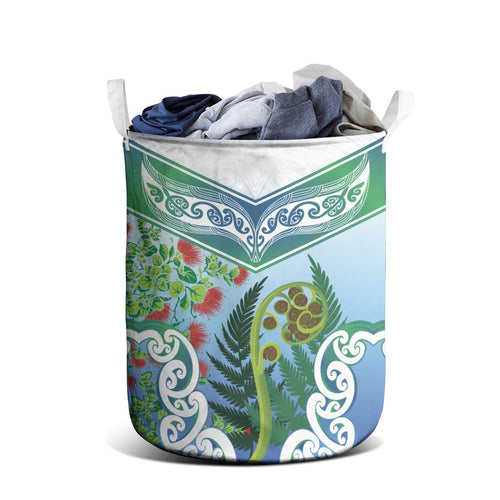 Aotearoa New Zealand Natural Plants Laundry Basket Pohutukawa with Silver Ferns Koru Frond Maori Tattoos