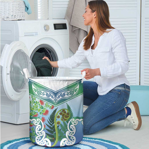Aotearoa New Zealand Natural Plants Laundry Basket Pohutukawa with Silver Ferns Koru Frond Maori Tattoos