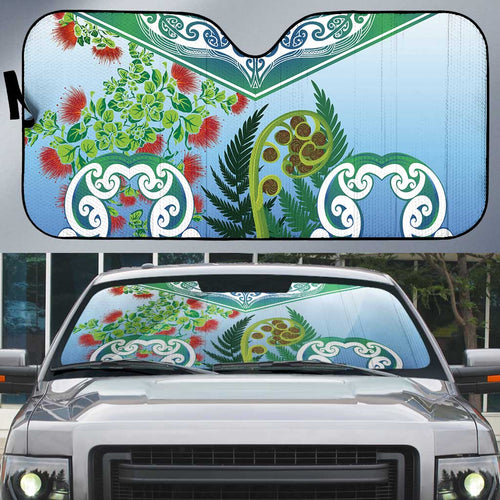 Aotearoa New Zealand Natural Plants Auto Sun Shade Pohutukawa with Silver Ferns Koru Frond Maori Tattoos