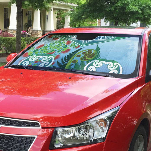 Aotearoa New Zealand Natural Plants Auto Sun Shade Pohutukawa with Silver Ferns Koru Frond Maori Tattoos