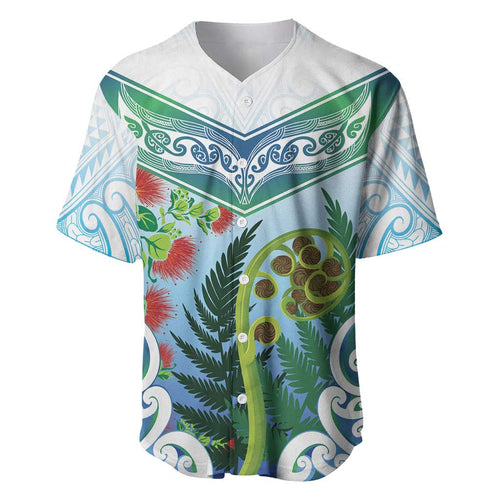 Aotearoa New Zealand Natural Plants Baseball Jersey Pohutukawa with Silver Ferns Koru Frond Maori Tattoos