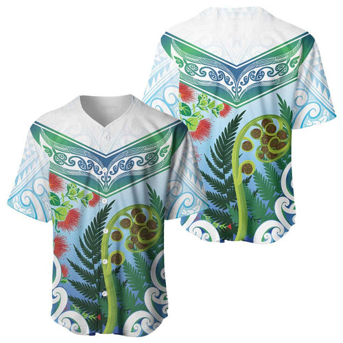 Aotearoa New Zealand Natural Plants Baseball Jersey Pohutukawa with Silver Ferns Koru Frond Maori Tattoos