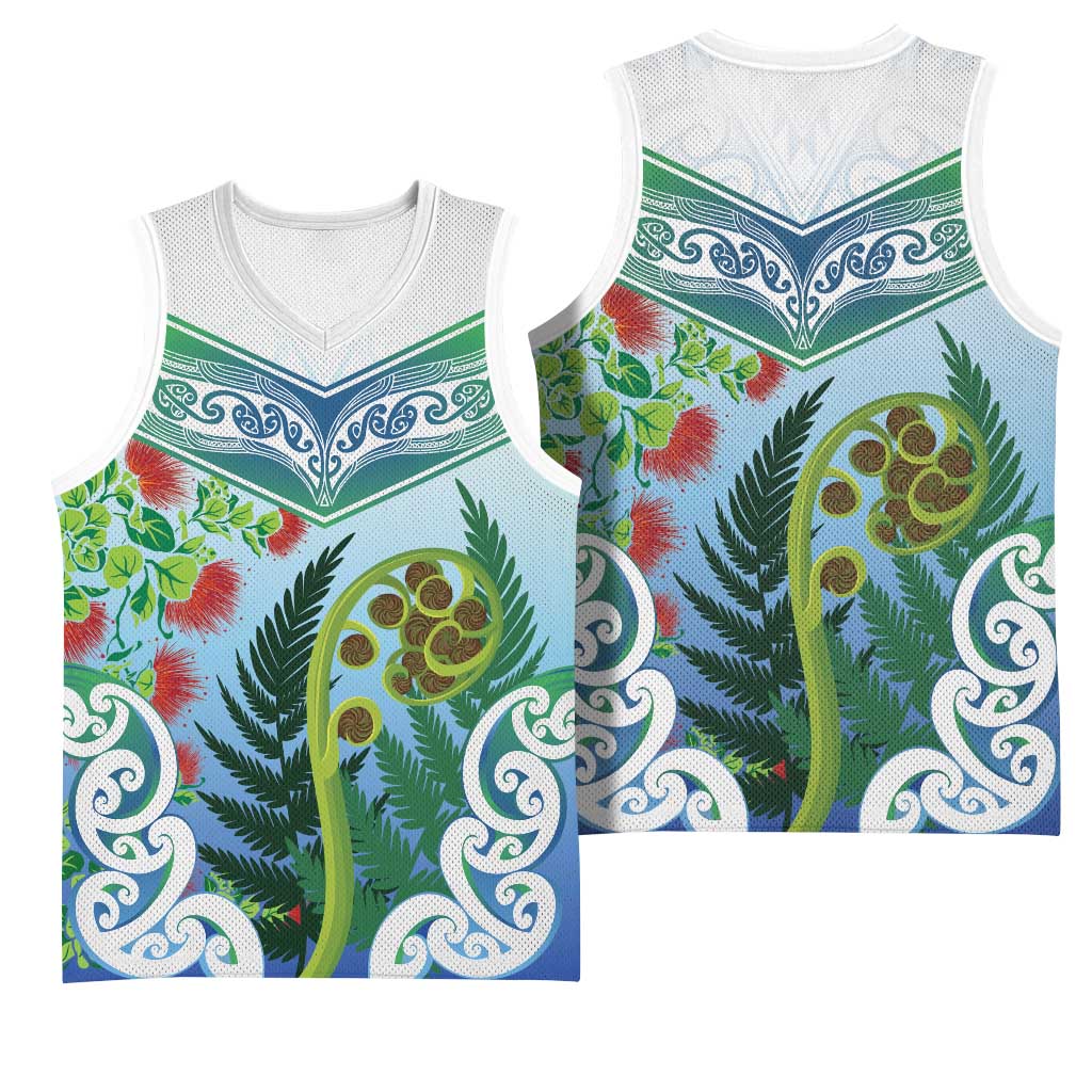 Aotearoa New Zealand Natural Plants Basketball Jersey Pohutukawa with Silver Ferns Koru Frond Maori Tattoos