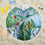 Aotearoa New Zealand Natural Plants Beach Blanket Pohutukawa with Silver Ferns Koru Frond Maori Tattoos
