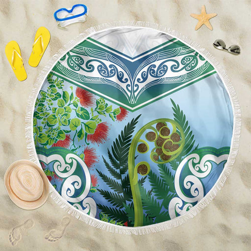 Aotearoa New Zealand Natural Plants Beach Blanket Pohutukawa with Silver Ferns Koru Frond Maori Tattoos