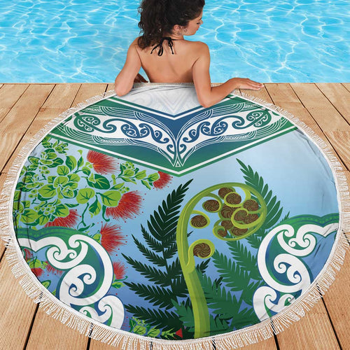 Aotearoa New Zealand Natural Plants Beach Blanket Pohutukawa with Silver Ferns Koru Frond Maori Tattoos