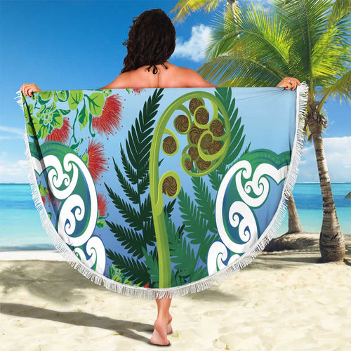 Aotearoa New Zealand Natural Plants Beach Blanket Pohutukawa with Silver Ferns Koru Frond Maori Tattoos