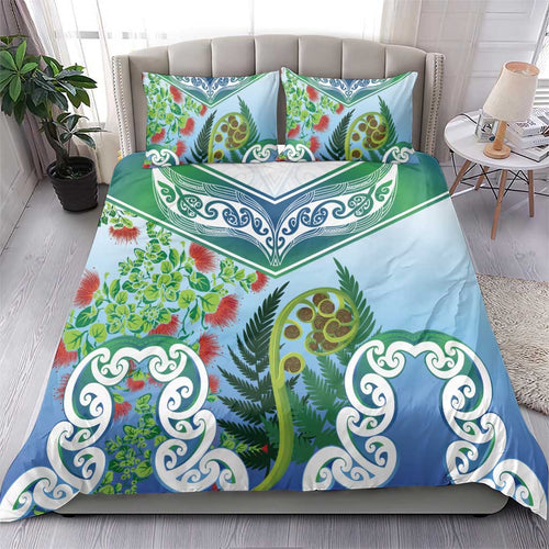 Aotearoa New Zealand Natural Plants Bedding Set Pohutukawa with Silver Ferns Koru Frond Maori Tattoos