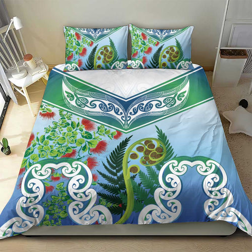 Aotearoa New Zealand Natural Plants Bedding Set Pohutukawa with Silver Ferns Koru Frond Maori Tattoos