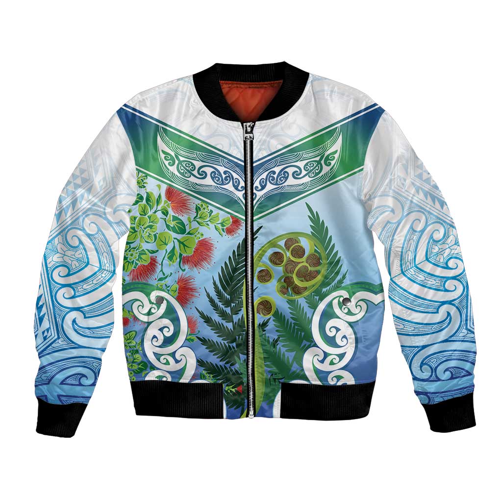 Aotearoa New Zealand Natural Plants Bomber Jacket Pohutukawa with Silver Ferns Koru Frond Maori Tattoos