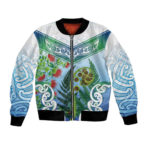 Aotearoa New Zealand Natural Plants Bomber Jacket Pohutukawa with Silver Ferns Koru Frond Maori Tattoos