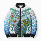 Aotearoa New Zealand Natural Plants Bomber Puffer Jacket Pohutukawa with Silver Ferns Koru Frond Maori Tattoos