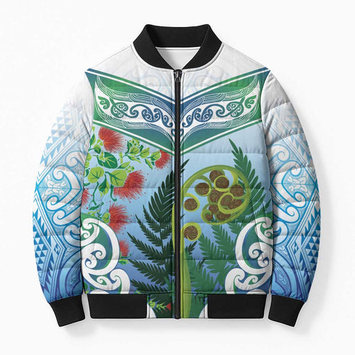 Aotearoa New Zealand Natural Plants Bomber Puffer Jacket Pohutukawa with Silver Ferns Koru Frond Maori Tattoos
