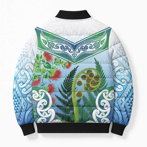 Aotearoa New Zealand Natural Plants Bomber Puffer Jacket Pohutukawa with Silver Ferns Koru Frond Maori Tattoos