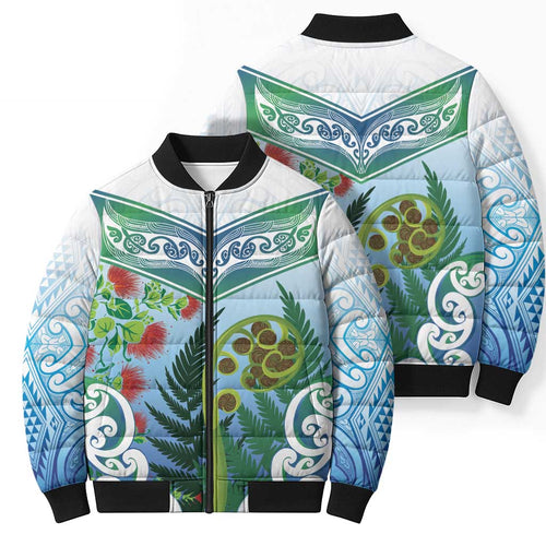 Aotearoa New Zealand Natural Plants Bomber Puffer Jacket Pohutukawa with Silver Ferns Koru Frond Maori Tattoos