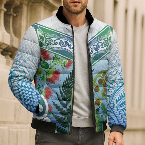 Aotearoa New Zealand Natural Plants Bomber Puffer Jacket Pohutukawa with Silver Ferns Koru Frond Maori Tattoos