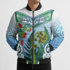 Aotearoa New Zealand Natural Plants Bomber Puffer Jacket Pohutukawa with Silver Ferns Koru Frond Maori Tattoos