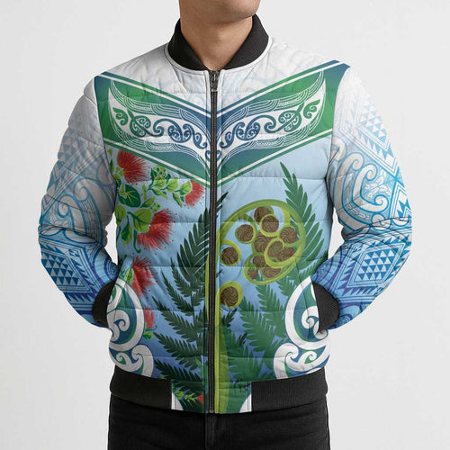 Aotearoa New Zealand Natural Plants Bomber Puffer Jacket Pohutukawa with Silver Ferns Koru Frond Maori Tattoos
