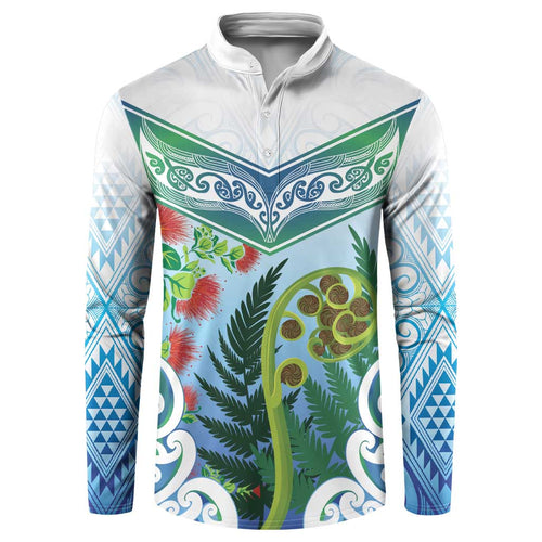 Aotearoa New Zealand Natural Plants Button Sweatshirt Pohutukawa with Silver Ferns Koru Frond Maori Tattoos