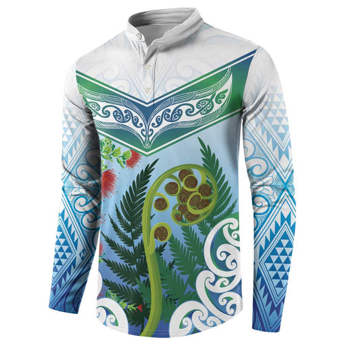 Aotearoa New Zealand Natural Plants Button Sweatshirt Pohutukawa with Silver Ferns Koru Frond Maori Tattoos