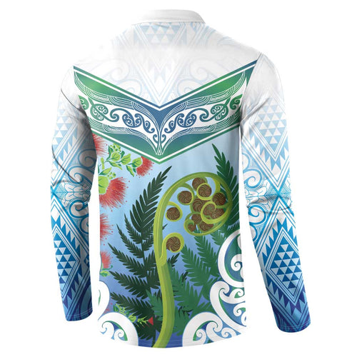 Aotearoa New Zealand Natural Plants Button Sweatshirt Pohutukawa with Silver Ferns Koru Frond Maori Tattoos