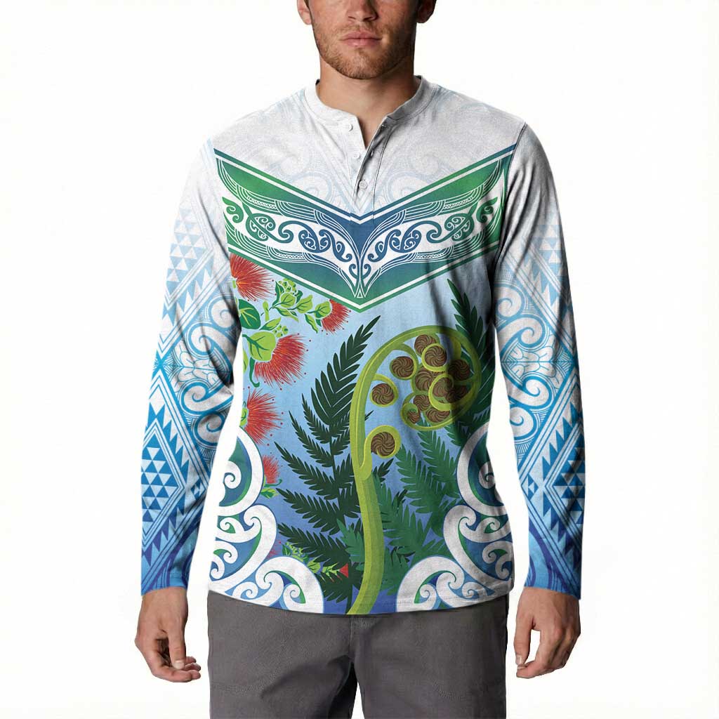 Aotearoa New Zealand Natural Plants Button Sweatshirt Pohutukawa with Silver Ferns Koru Frond Maori Tattoos