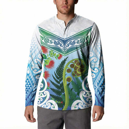 Aotearoa New Zealand Natural Plants Button Sweatshirt Pohutukawa with Silver Ferns Koru Frond Maori Tattoos