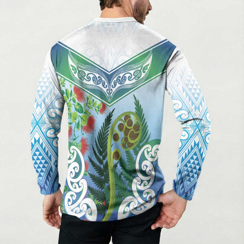 Aotearoa New Zealand Natural Plants Button Sweatshirt Pohutukawa with Silver Ferns Koru Frond Maori Tattoos
