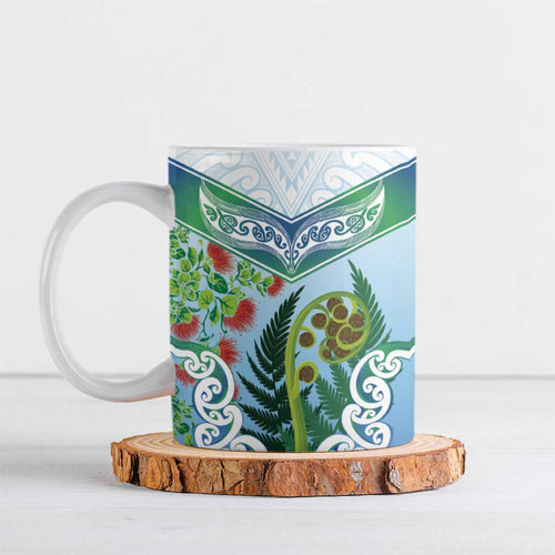Aotearoa New Zealand Natural Plants Ceramic Mug Pohutukawa with Silver Ferns Koru Frond Maori Tattoos
