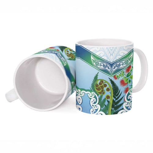 Aotearoa New Zealand Natural Plants Ceramic Mug Pohutukawa with Silver Ferns Koru Frond Maori Tattoos