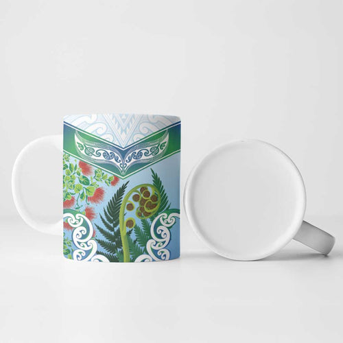 Aotearoa New Zealand Natural Plants Ceramic Mug Pohutukawa with Silver Ferns Koru Frond Maori Tattoos
