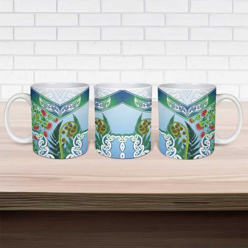 Aotearoa New Zealand Natural Plants Ceramic Mug Pohutukawa with Silver Ferns Koru Frond Maori Tattoos