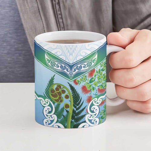 Aotearoa New Zealand Natural Plants Ceramic Mug Pohutukawa with Silver Ferns Koru Frond Maori Tattoos