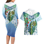 Aotearoa New Zealand Natural Plants Couples Matching Long Sleeve Bodycon Dress and Hawaiian Shirt Pohutukawa with Silver Ferns Koru Frond Maori Tattoos