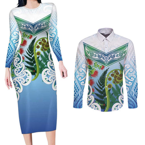 Aotearoa New Zealand Natural Plants Couples Matching Long Sleeve Bodycon Dress and Long Sleeve Button Shirt Pohutukawa with Silver Ferns Koru Frond Maori Tattoos