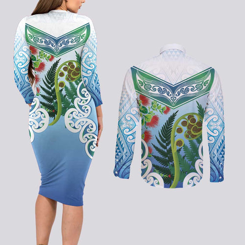 Aotearoa New Zealand Natural Plants Couples Matching Long Sleeve Bodycon Dress and Long Sleeve Button Shirt Pohutukawa with Silver Ferns Koru Frond Maori Tattoos