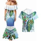 Aotearoa New Zealand Natural Plants Couples Matching Mermaid Dress and Hawaiian Shirt Pohutukawa with Silver Ferns Koru Frond Maori Tattoos