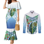 Aotearoa New Zealand Natural Plants Couples Matching Mermaid Dress and Long Sleeve Button Shirt Pohutukawa with Silver Ferns Koru Frond Maori Tattoos