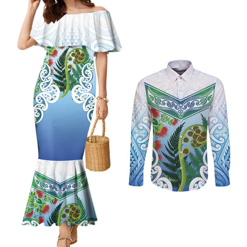 Aotearoa New Zealand Natural Plants Couples Matching Mermaid Dress and Long Sleeve Button Shirt Pohutukawa with Silver Ferns Koru Frond Maori Tattoos