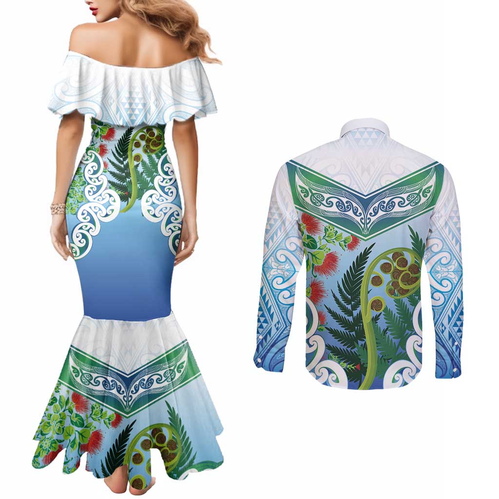 Aotearoa New Zealand Natural Plants Couples Matching Mermaid Dress and Long Sleeve Button Shirt Pohutukawa with Silver Ferns Koru Frond Maori Tattoos