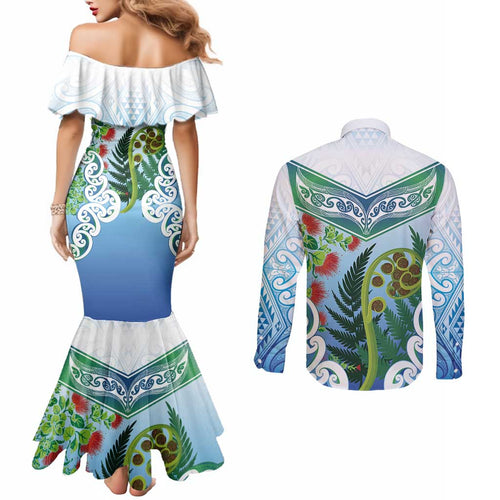 Aotearoa New Zealand Natural Plants Couples Matching Mermaid Dress and Long Sleeve Button Shirt Pohutukawa with Silver Ferns Koru Frond Maori Tattoos