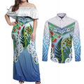 Aotearoa New Zealand Natural Plants Couples Matching Off Shoulder Maxi Dress and Long Sleeve Button Shirt Pohutukawa with Silver Ferns Koru Frond Maori Tattoos